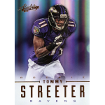 tommy streeter 2012 absolute rc Football player in action on a trading card, wearing a dark jersey with the text Streeter and Ravens visible.