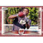 tommy streeter 2012 sage hit red 18 rc Wide receiver catching football during practice, wearing black gloves and shirt, outdoors on a sunny day.