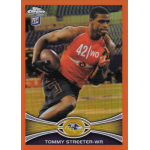 tommy streeter 2012 topps chrome orange refractor rc Football player running with ball on trading card, wearing orange jersey, labeled 42 WO, Topps Chrome logo visible.