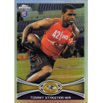 tommy streeter 2012 topps chrome refractor rc Football player running with ball, wearing orange shirt, number 42, with a stadium in the background, player card design.