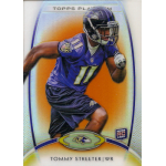 tommy streeter 2012 topps platinum orange refractor rc A football player in a purple jersey running with determination, featured on a collectible card with team logo.