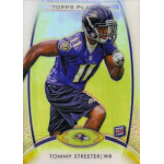 tommy streeter 2012 topps platinum refractor rc A football player in a purple uniform running on a Topps football card labeled WR, Rookie card, with a Ravens logo.