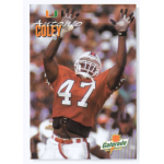 tony coley 1995 gatorade miami hurricanes rc Football player in red jersey number 47 reaching up for the ball during a game, Gatorade logo in the corner.