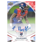 trajan bandy 2017 upper deck usa u19 flag wave autograph USA football player trading card featuring a defensive back, wearing a red and blue uniform with number 2.