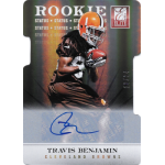 travis benjamin 2012 elite status au Rookie football card of player in action, holding a ball, Cleveland Browns gear, with autograph and status details.