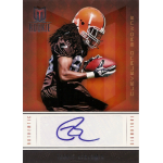 travis benjamin 2012 momentum auto Football player in Cleveland Browns gear holding ball, with rookie card design and signature featured.