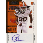 travis benjamin 2012 panini contenders rookie ticket autograph Football trading card featuring player in #80 jersey, labeled 'Rookie Ticket' for Cleveland Browns, with autograph at the bottom.