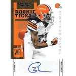 travis benjamin 2012 panini contenders rookie ticket photo variation sp Football trading card of wide receiver in Cleveland Browns gear with signature at the bottom.
