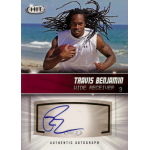 travis benjamin 2012 sage hit silver autograph Football player running on beach with a football card featuring an autograph, labeled Wide Receiver 3.