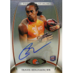 travis benjamin 2012 topps platinum refractor au Rookie football card featuring a player in an orange jersey holding a football, autographed.
