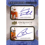 travis benjamin 2012 upper deck exquisite choice dual signatures Dual signature football card with autographs of players in orange jerseys, Vinny Testaverde and Travis Benjamin.
