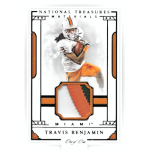 travis benjamin 2016 national treasures collegiate black materials Football card featuring a player in orange uniform, labeled National Treasures Materials, with a fabric patch insert.