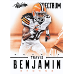 travis benjamin 2012 absolute spectrum retail black rc Football player in Cleveland Browns attire on a sports card, labeled Travis Benjamin Rookie Spectrum 2012.