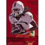 travis benjamin 2012 fleer retro red precious metal gems pmg Football player in Miami Hurricanes uniform holding a ball on a red card background, part of the Precious Metal Gems series.
