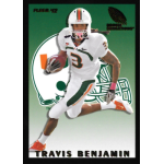 travis benjamin 2012 fleer retro rookie sensations rc Football player in white and green uniform running with a ball, featured on a trading card with Travis Benjamin text.