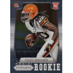 travis benjamin 2012 panini prizm rc Panini Prizm Rookie Card featuring football player in action, holding a ball, wearing a helmet and uniform.