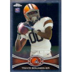 travis benjamin 2012 topps chrome rc Football trading card of a wide receiver in a white jersey, holding a football.