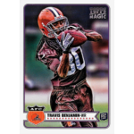 travis benjamin 2012 topps magic mini rc Football player catching a pass on a trading card, wearing a brown uniform and helmet, with Topps Magic branding.