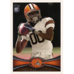 travis benjamin 2012 topps rc American football player catching a pass on a trading card, wearing a brown-and-white Cleveland Browns uniform.