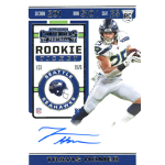 travis homer 2019 panini contenders rookie ticket autograph photo variation sp Seattle Seahawks rookie card featuring player in action, autograph, and team logo. Collectible sports memorabilia.