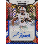 travis homer 2019 panini prizm draft picks red white and blue autograph Signed sports card featuring a football player in a green and white uniform, labeled Travis Homer, University of Miami.