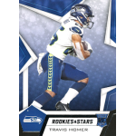 travis homer 2019 rookies and stars rc Football player in action wearing a blue and white uniform from Rookies & Stars card collection.