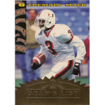 tremain mack 1997 scoreboard deans list rc Football player in white uniform running with football on Bengals-themed sports card. Dean's List text on card.
