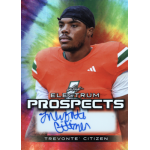 trevonte citizen 2024 leaf electrum prospects tie dye autograph Football player in an orange jersey on a signed Electrum Prospects card with a colorful background.