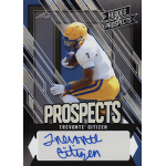 trevonte citizen 2024 leaf heroes and prospects blue autograph Football player in yellow and blue uniform holding a ball on a Heroes & Prospects card, signed below.