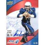tucker beirne 2013 upper deck usa football autograph Football trading card featuring a quarterback in blue and white uniform holding a ball, with a signature.