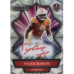 tyler baron 2021 wild card alumination silver red ink autograph Football trading card featuring linebacker in orange jersey, white helmet, and autograph. Text: Tyler Baron.