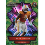 tyler baron 2021 wild card alumination holo lux green Football trading card featuring a linebacker in an orange uniform, vibrant holographic design in the background.