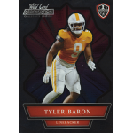 tyler baron 2021 wild card alumination Football card featuring a linebacker in a white and orange uniform, with the name Tyler Baron and Linebacker displayed.
