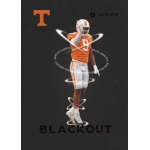 tyler baron 2023 onit university of tennessee blackout Athlete in orange football uniform with 9 and BLACKOUT text, featuring Tennessee T logo, dark background.