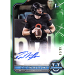 tyler van dyke 2021 bowman university green refractor autograph Football player holding ball on a signed sports card, wearing a black uniform, Topps 1st Bowman issue.