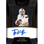 tyler van dyke 2022 select x factor autograph Football trading card featuring a player in a white uniform, holding a football, with a blue autograph below.