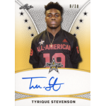 tyrique stevenson 2019 leaf army all american bowl gold tour autograph Young athlete in an All-American jersey posing with a signed sports card.