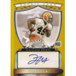 tyrone moss 2007 bowman sterling gold refractor au Cleveland Browns rookie card featuring player in action, autographed, wearing jersey number 45 with helmet.
