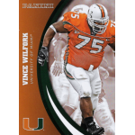 vince wilfork 2015 panini university of miami 067 University of Miami football player in orange jersey, number 75, action pose on Panini trading card.