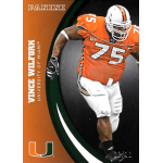 vince wilfork 2015 panini university of miami 067 black Football player in orange University of Miami jersey, number 75, captured in action on a Panini card.