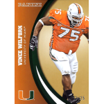 vince wilfork 2015 panini university of miami 067 gold Football player in orange jersey number 75 from University of Miami on a Panini card.