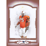 vince wilfork 2004 donruss classics timeless tributes red rc Football player in orange uniform on Donruss Classics 2004 card, labeled Timeless Tributes, wearing number 75.