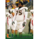 vince wilfork 2004 press pass rc Football player wearing a white uniform with number 75, University of Miami logo, standing on field during a game.