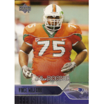 vince wilfork 2004 upper deck rc Football player in orange jersey with number 75 on a rookie card, wearing a helmet and gloves.
