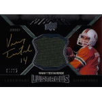 vinny testaverde 2012 upper deck exquisite black legendary lustrous signatures jsy au Autographed Vinny Testaverde football card featuring jersey patch and signature from Upper Deck.