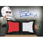 vinny testaverde 2013 upper deck quantum legacy autographed jerseys Vinny Testaverde autographed jersey card with player image and team logo, featuring red and white fabric swatches.
