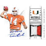 vinny testaverde 2015 national treasures collegiate black material signature Vintage football card featuring player in orange jersey, autographed, with fabric patch and University of Miami logo.