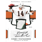 vinny testaverde 2018 national treasures collegiate emerald jersey autograph Vintage football card featuring player in white uniform, number 14, holding football, with signature and college team logo.