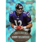 vinny testaverde 1997 playoff contenders gold one of one Football player in purple jersey holding ball, featured on collectible card with 'Contenders' and 'Vinny Testaverde' text.
