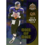 vinny testaverde 1998 pinnacle mint 26 gold one of one front Football trading card of quarterback in action, wearing purple jersey, labeled Pinnacle Mint Collection Gold Mint Team.